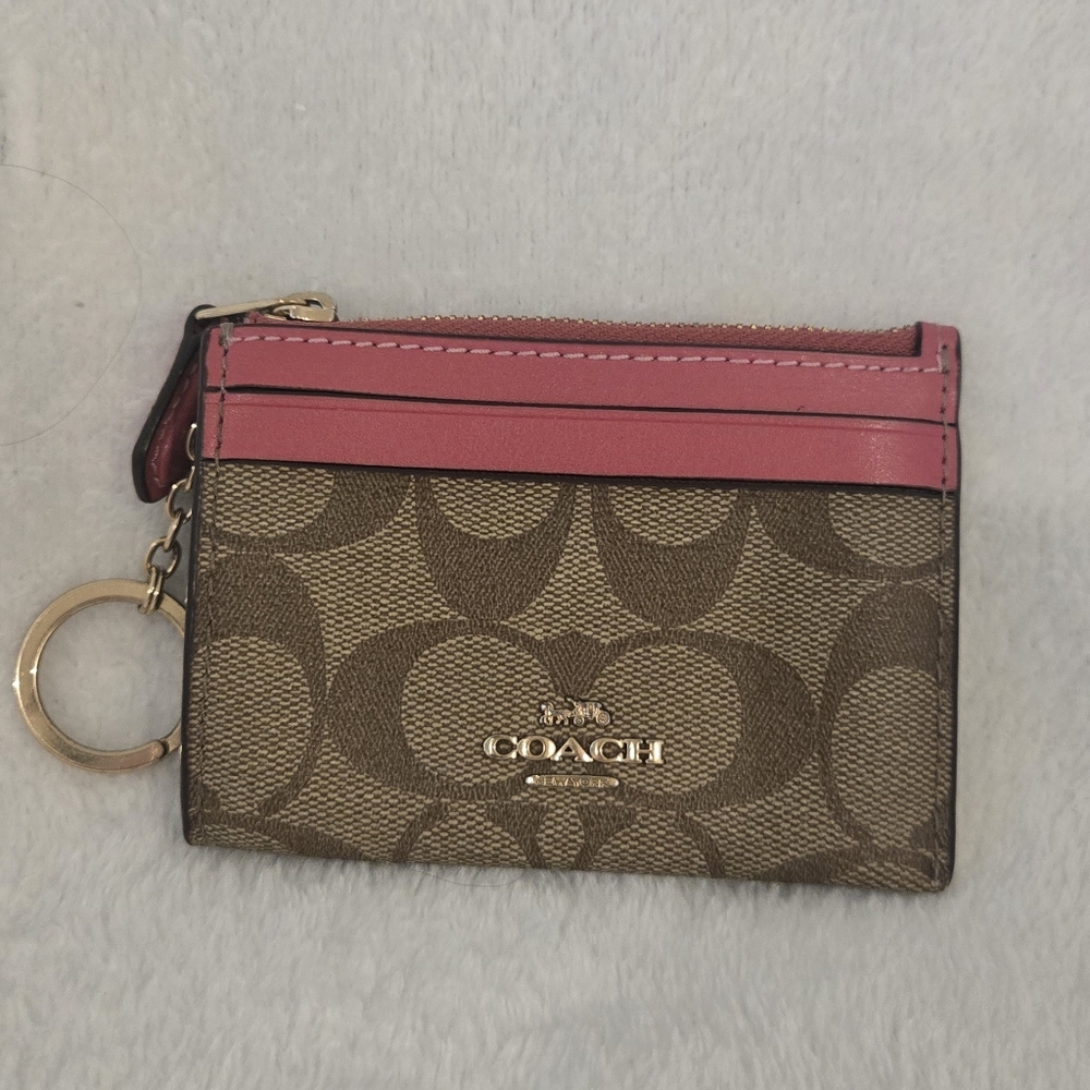 Coach Signature Brown and Pink Card Case